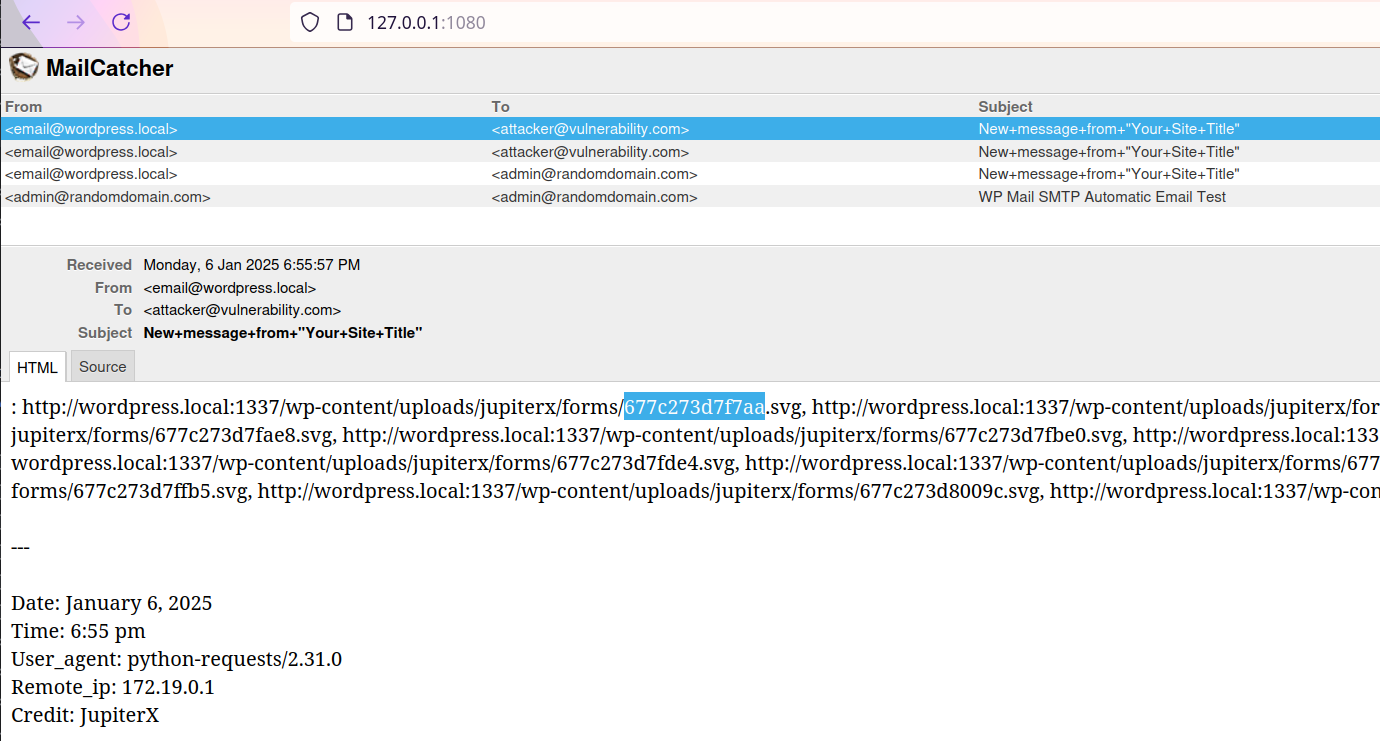 Screenshot of Mailcatcher showing leaked filenames