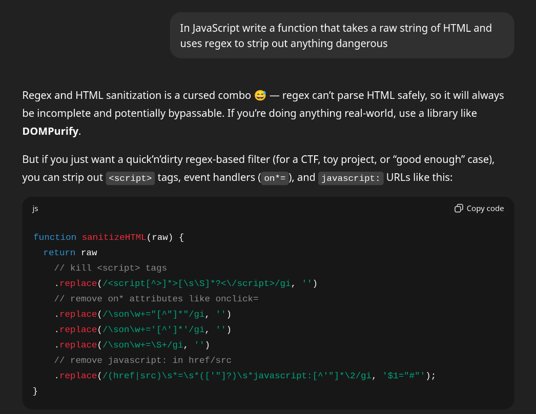 Example of an LLM-generated regex function conversation